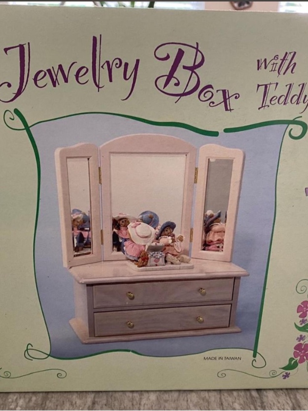 Pink Wooden Jewelry Box with Tri-Fold Mirror